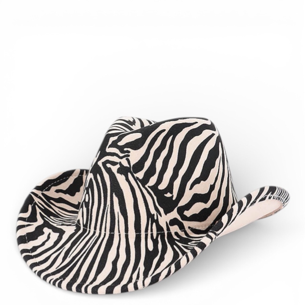 Faux Wool Zebra Print Western Cowboy Hat - Black & Cream